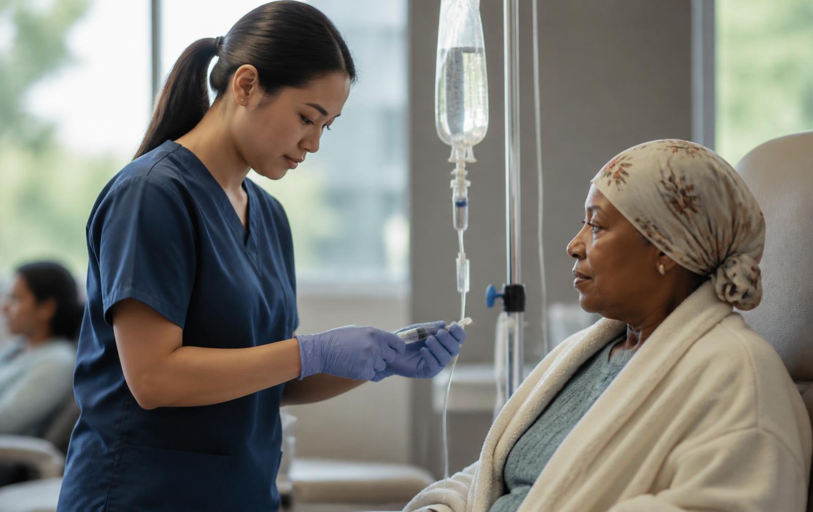 A nurse preparing a treatment for a seated patient in a bright clinical room