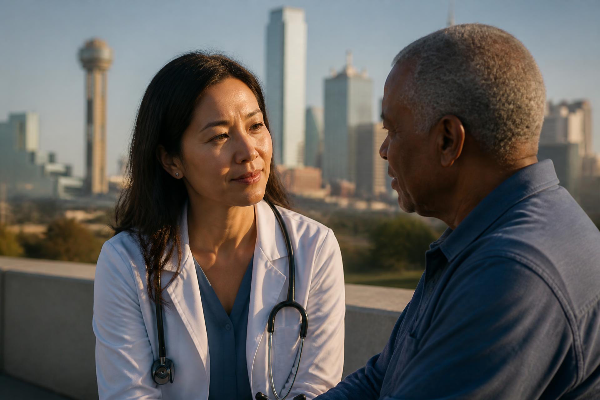 A physician speaking with an older patient, the Dallas skyline behind them